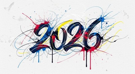 Vibrant 2026 New Year celebration design with dynamic paint splash effect, perfect for modern greetings and festive invitations with a creative touch