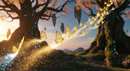 Enchanting butterflies fluttering through a magical landscape with ancient trees and floating islands, perfect for fantasy and fairytale projects
