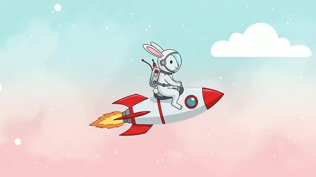 Cute Cartoon Bunny Astronaut Riding a Rocket into Space.