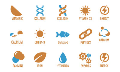 Essential vitamin, nutrient, and health elements icon set for wellness design