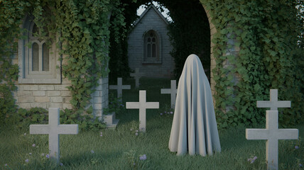 Ghostly figure in an old overgrown cemetery with stone crosses