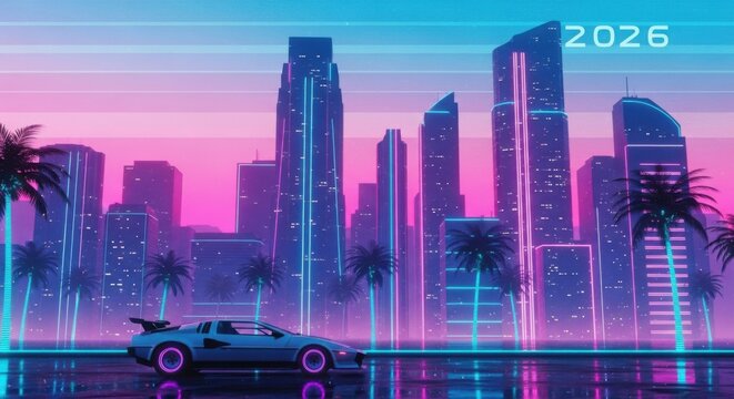 Drive into the future with this vibrant retro city skyline, perfect for futuristic tech campaigns and evocative 80s themed projects, neon-soaked and cool