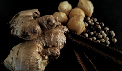 spices consisting of ginger, candlenut, pepper, and cinnamon on a black background.