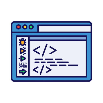 Web Developer Interface With Code Editor and Debugging Tools Icon Illustration
