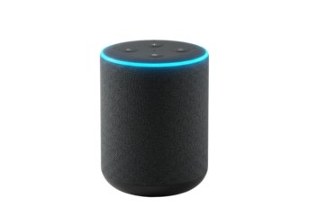 ultra-detailed, matte black cylindrical smart speaker with dark gray mesh texture and glowing electric blue led light ring, centered on transparent studio background with copy space, advertising