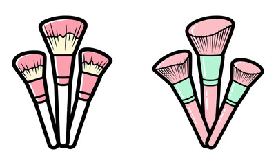 Cartoon makeup brushes set featuring pink handles and beauty essentials