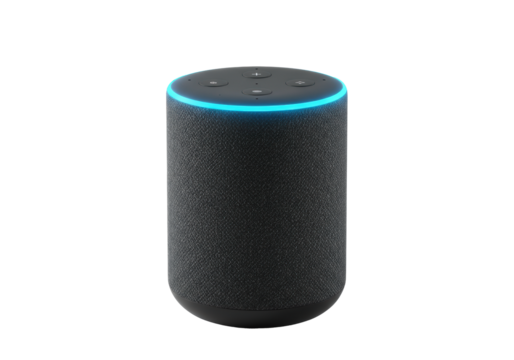 ultra-detailed, matte black cylindrical smart speaker with dark gray mesh texture and glowing electric blue led light ring, centered on transparent studio background with copy space, advertising