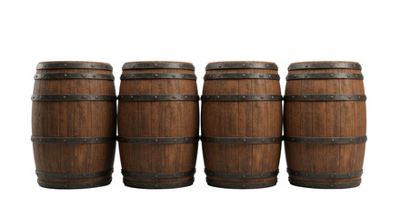 Four monumental, vintage walnut wood casks with distressed metal hoops and rich texture, isolated on a high-key white studio background for product display. Concept of heritage and aging storage