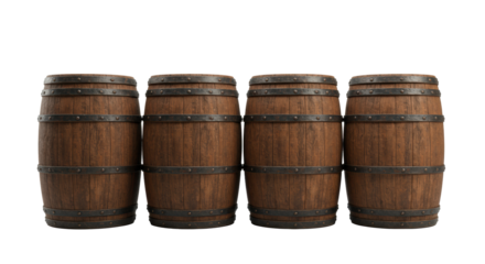 Four monumental, vintage walnut wood casks with distressed metal hoops and rich texture, isolated on a high-key white studio background for product display. Concept of heritage and aging storage