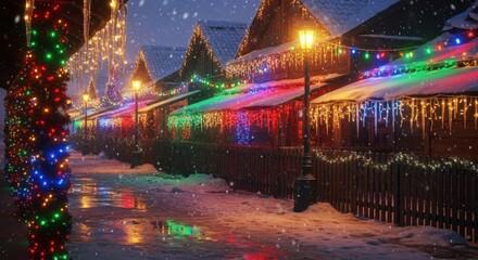 Enchanting Christmas market scene with falling snow and twinkling lights, perfect for holiday greetings and festive promotions during the winter season