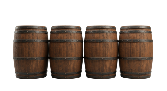 Four monumental, vintage walnut wood casks with distressed metal hoops and rich texture, isolated on a high-key white studio background for product display. Concept of heritage and aging storage