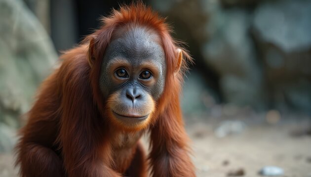 Portrait shows close up of adorable young orangutan at zoo. Orange primate with intelligent eyes stares gently. Primate protection and conservation are vital efforts to save wildlife.