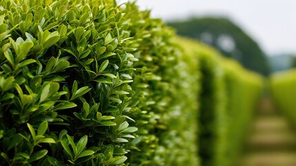 privet. Carefully trimmed privet hedges in neat rows forming green walls, soft focus background. gardening catalogs, home-decor guides, designed for home decor and floral branding.
