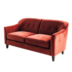 Elegant Red Velvet Tufted Sofa With Dark Wood Legs Isolated On A Transparent Background Displaying Plush Upholstery And Button Detailing In A Studio Setting