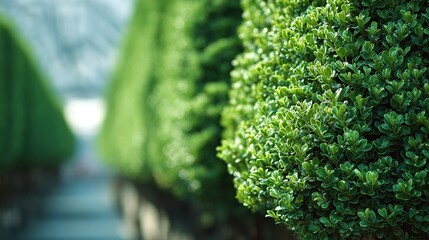 privet. Carefully trimmed privet hedges in neat rows forming green walls, soft focus background. gardening catalogs, home-decor guides, designed for home decor and floral branding.