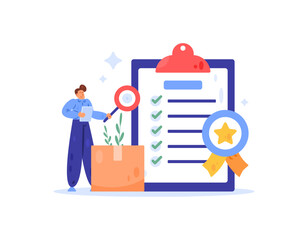 Quality control concept. Identifying and checking the quality of a product. Illustration of a quality control inspector inspecting, assessing, and testing a product. Flat design. White background