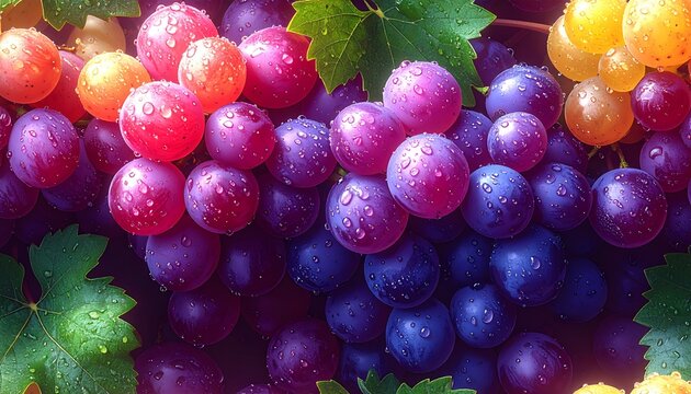 Fresh grapes with water droplets, a vibrant still life in ultra-realistic detail, showcasing their natural beauty and colors