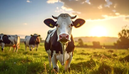 Cows grazing in a sunny green field at sunrise or sunset