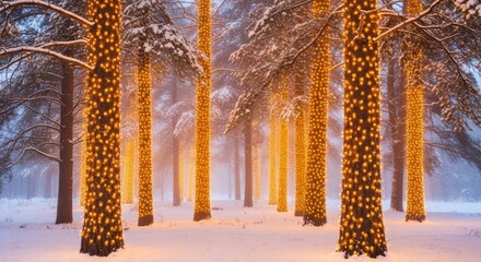 Enchanting winter forest with trees wrapped in twinkling golden lights creates a magical holiday atmosphere, perfect for seasonal backgrounds and festive designs