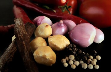 food ingredients consisting of chilies, shallots, tomatoes, ginger, candlenuts, pepper, and cinnamon on a black background.