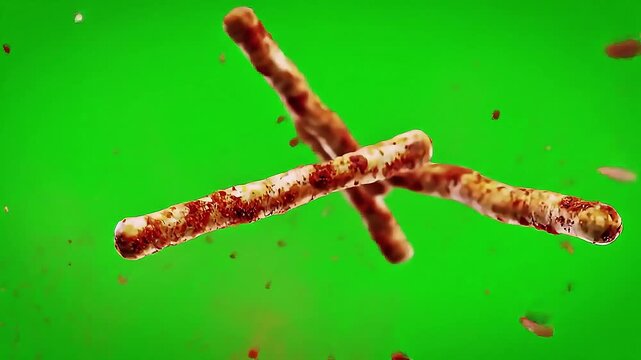 Close-up shot of four spicy breadsticks with crumbs flying in the air against a green screen background