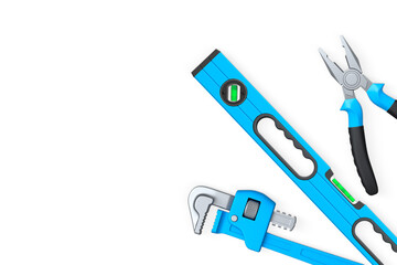 Hand tools like pliers, pipe wrench, and spirit level on white background with clipping path, concept of construction tools
