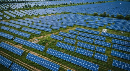 Aerial View of Solar Panel Farm Field Array Generating Sustainable Alternative Green Energy for Earth and Environment with Bright Blue Panels