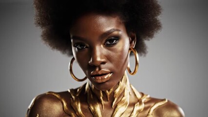 Artistic video of a stunning woman adorned with golden body paint in a modern style