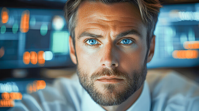 Focused businessman with blue eyes analyzing data on digital screens in a modern office environment