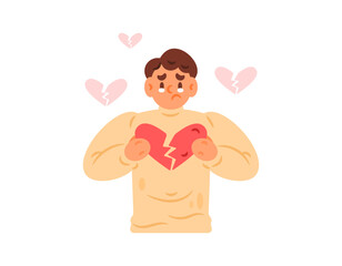 Illustration of a sad man holding a broken heart symbol. Crying over a breakup. Romance problems. Flat style character design. White background.