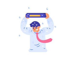 Illustration of a worker or employee caught in the rain. Using a briefcase as an umbrella. Protecting oneself from the rain using a briefcase. Flat style character design. White background.