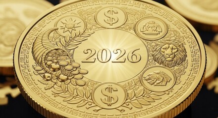 Celebrate a prosperous future with this stunning golden coin featuring 2026, a lion, and symbols of wealth, perfect for commemorating success