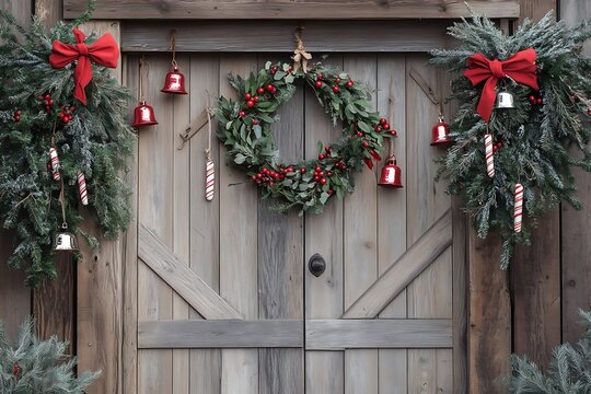 •	Festive farmhouse door with hanging bells, greenery, and candy cane accents 