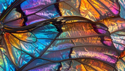Captivating close-up of iridescent insect wings showcasing a mesmerizing array of shimmering colors and intricate natural textures in macro detail