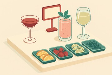 Whimsical arrangement of refreshing beverages surrounded by fruity garnishes presenting an inviting composition perfect for summer gatherings and culinary creativity