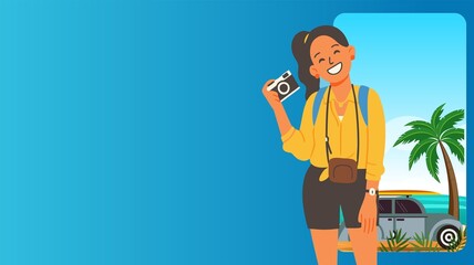 Woman Traveler with Suitcase at Tropical Beach with Car and Palm Trees – Summer Vacation and Travel Adventure Illustration