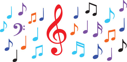 Music notes clef colorful musical symbols on white background in a bright playful design