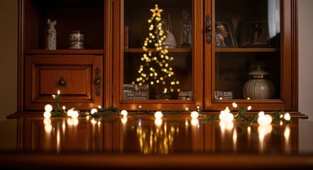 Warm Christmas spirit with glowing lights and a decorative tree on a vintage wooden hutch, bringing festive cheer to any home this holiday season