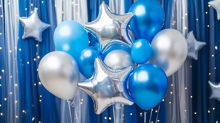 Space-themed balloons photo zone with blue and silver stars for kids birthday party decorations