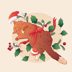 Vector illustration of a sleeping cat with a Christmas bow, holly leaves, berries. Cozy holiday artwork perfect for festive cards, seasonal design, and winter decoration.