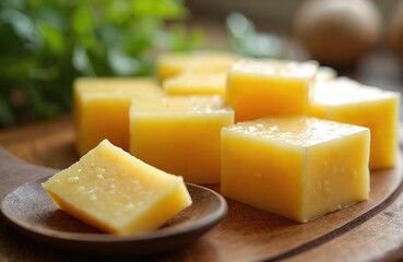 Close photo of fresh yellow tallow cubes on wooden board. Soft butter pieces, rustic culinary style. Healthy cooking ingredient, organic product, fresh. Concept of homemade food.