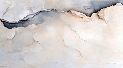 An abstract close-up of layered rock or stone showing natural textures, cracks, and a palette of neutral colors.