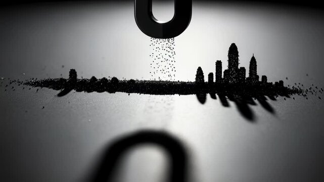 Dynamic miniature city skyline being pulled apart by a large magnet, creating a sense of fragility and urban decay, ideal for concept art and thematic visual storytelling