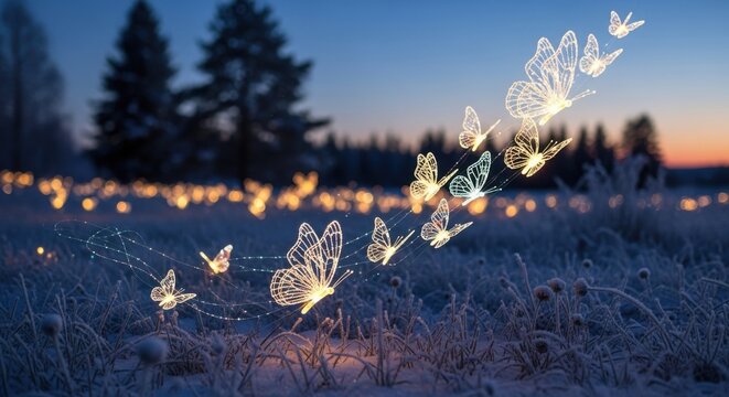 Enchanting glowing butterflies dance across a serene winter landscape at dusk, creating a magical and ethereal atmosphere with trees and bokeh lights