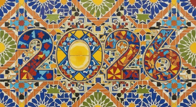 Vibrant mosaic art displaying 2026, perfect for new year promotions or futuristic design concepts, colorful geometric patterns create a visually appealing backdrop