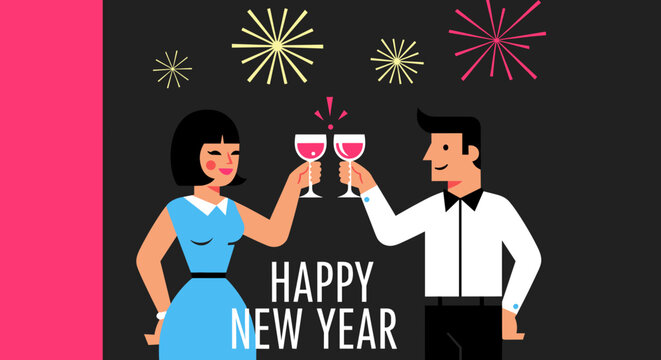 Couple toasting with drinks to celebrate New Year with fireworks   - Powered by Adobe