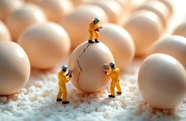 Miniature inspectors examine eggs for quality control. Stand around cracked egg. Food safety tech concept. Inspection process inside poultry farm. Food industry. Close up on broken eggshell. Eggs on