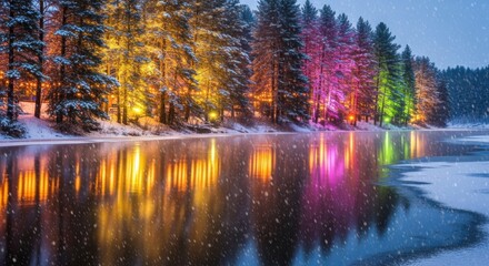 Enchanting winter wonderland scene with colorful lights reflecting on icy lake during a gentle snowfall for holiday marketing and seasonal campaigns