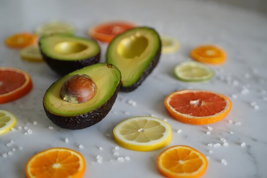 Avocado halves with citrus fruit slices on a marble surface for a healthy snack mix