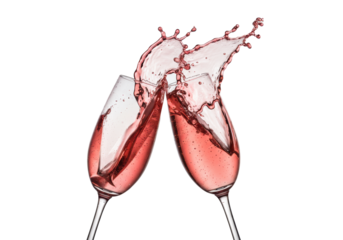 elegant, thin-stemmed crystal flutes clinking, freezing a large splash of deep pink rosé champagne against a high-key commercial white studio background. luxury celebration concept